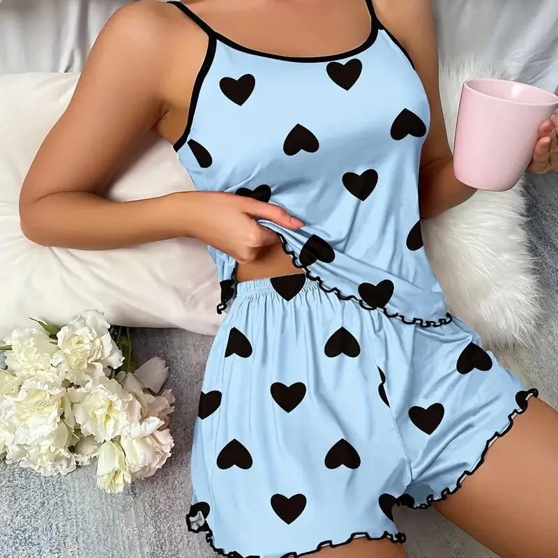 European American Women's Two-Piece Summer Pajamas Set Casual Sexy Camisole Shorts Solid Home Wear