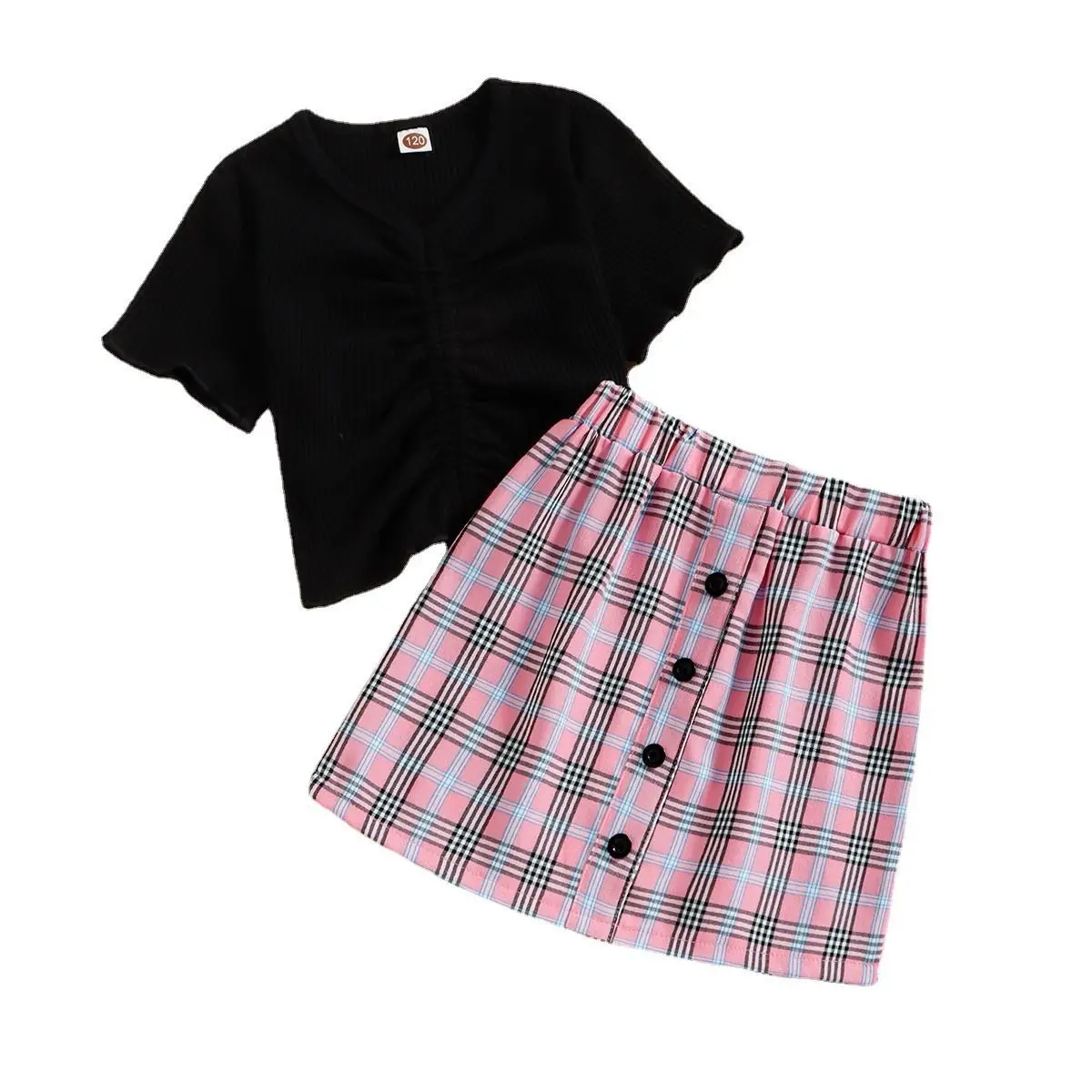 New arrival children clothes short sleeve shirt+plaid button skirt kids clothing fashion toddler baby girls outfits