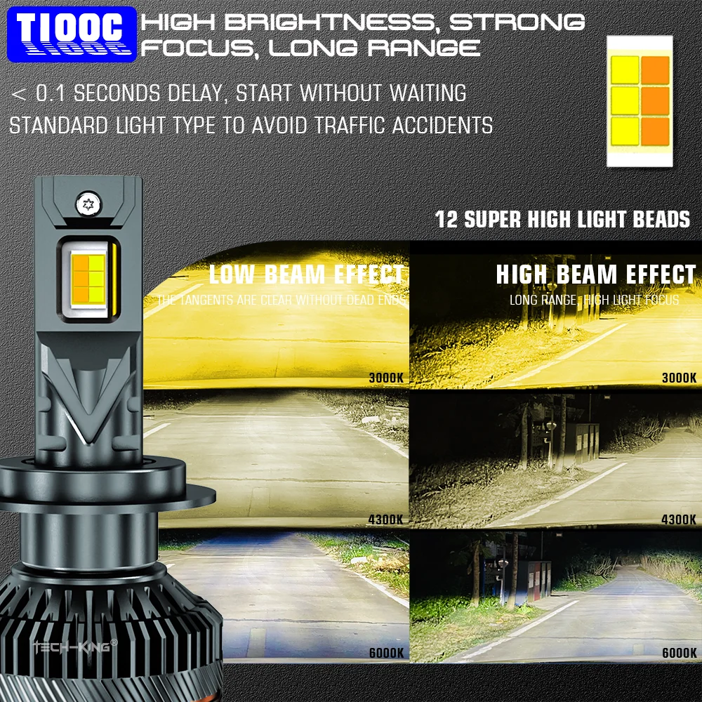 TECH-KING High Quality Auto Lights Head Lamps H1 H3 H4 H7 H11 9005 9006 9012 6000K 4300K 3000K Flash Four Mode LED Headlights