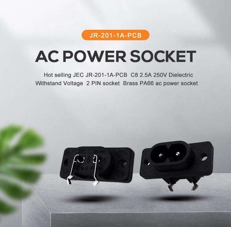 JEC JR-201-1A(PCB) C8 2.5A 250V 2 PIN socket Brass PA66 ac power female socket