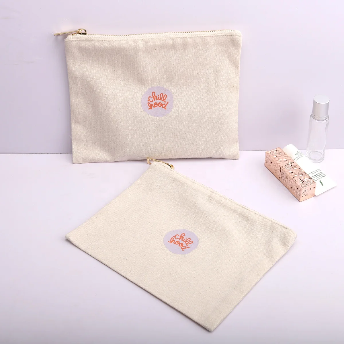Eco- Friendly 8Oz Canvas Zipper Cosmetic Brush Storage Bag Reusable  Plain Natural Cotton Makeup Pouch With Logo