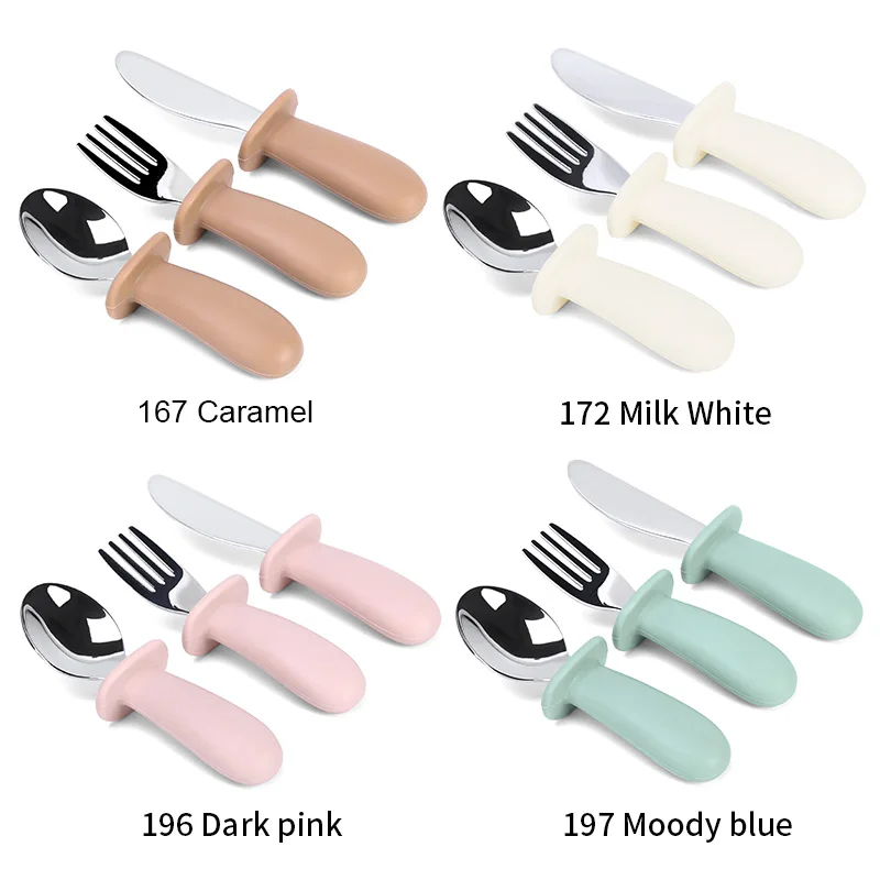 Wholesale Kitchen Kids silicone Long Handle Training Feeding Set baby flatware stainless steel spoons and forks cutlery set