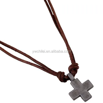 Men's Metal Cross Pendant on Brown Double Strand Leather Cord Choker Long Necklace