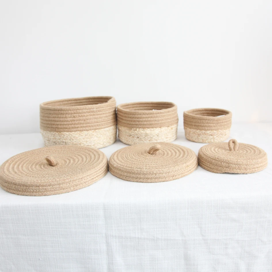 round table top round jute rope and straw machine sewing storage basket with lid
