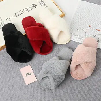 2024 Hot Sale Custom Embroidery Logo Anti Slip Cross Band Rainbow Fur Furry Cozy Indoor Plush Slipper