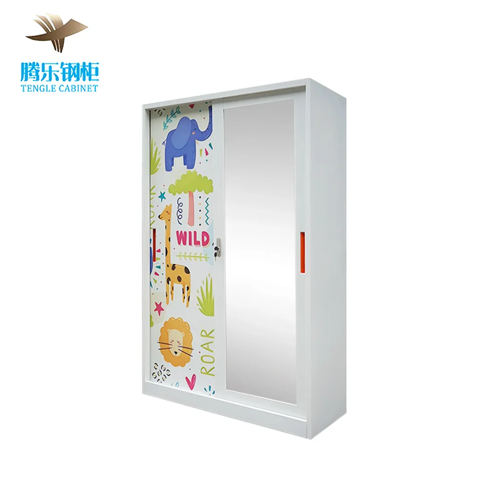 Bedroom Wardrobe 2 Sliding Doors Metal Wardrobe Printed Steel Iron Closet Wardrobe with mirror Steel Cabinet For Home