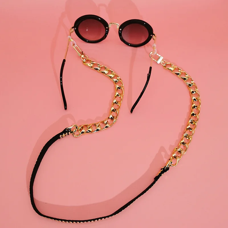 HIPHOP rock style rivet PU leather acrylic thick glasses necklace chain anti-drop glasses neck strap chain gemestines