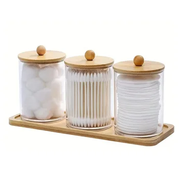 3 Pack Qtip Holder Dispenser Plastic Cotton Swab HolderJar Container Dispenser Cotton Swab Holder Qtip Dispenser With Bamboo Lid