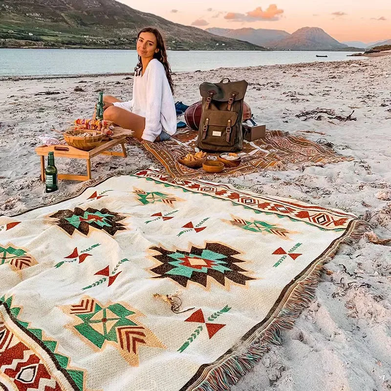 Wholesale Cotton Polyester Fabric Camping Bohemian Blanket Mat Boho Picnic Blanket Outdoor