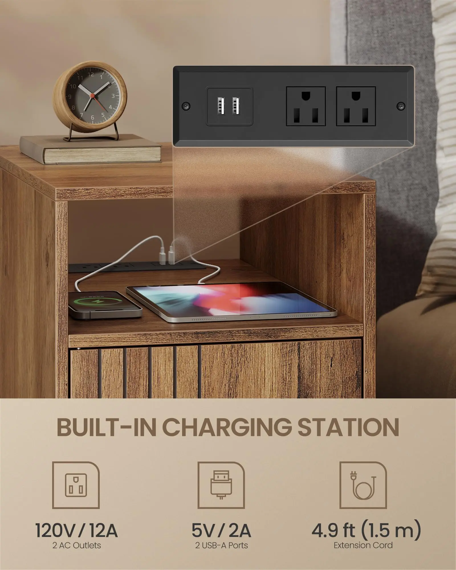 product mid century modern nightstand with charging station fluted wooden end table with usb ac outlets cabinet for bedroom living room-6