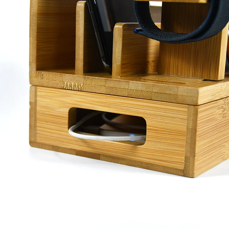 Factory Wholesale Adjustable bamboo and wood multi device manager mobile phone stand desktop tablet stand storage box