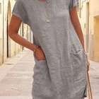 Summer New Summer Loose Solid Color Pocket Short Sleeve Round Neck Cotton And Linen Dress Women