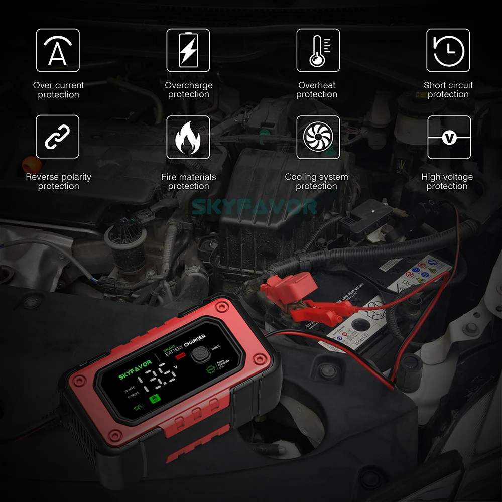 Latest motorcycle car battery charger 12V 7A fast lead acid and lifepo4 Universal 12 volt battery charger for 4AH-120AH battery