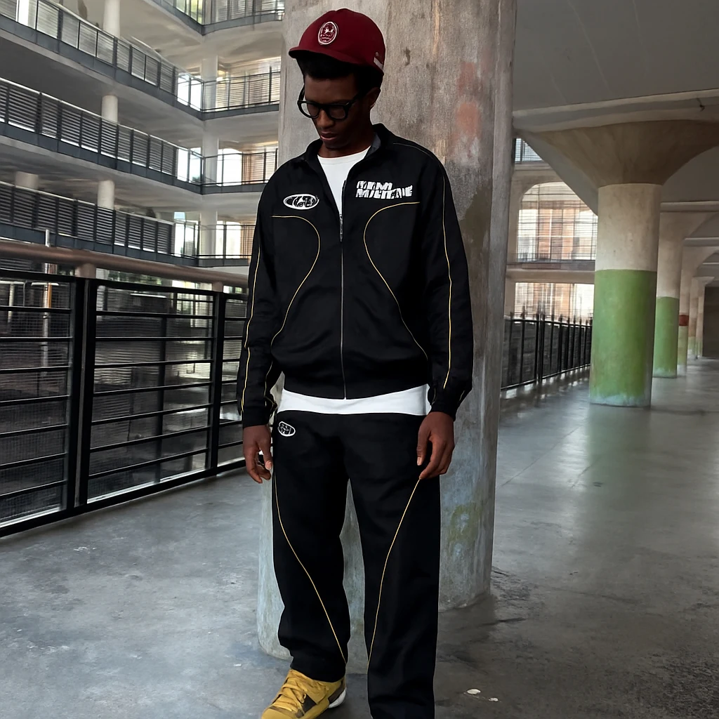 product mens sweatpants and hoodie set zip up custom design oversized streetwear elasticwaist reflective strip jacket tracksuit-1