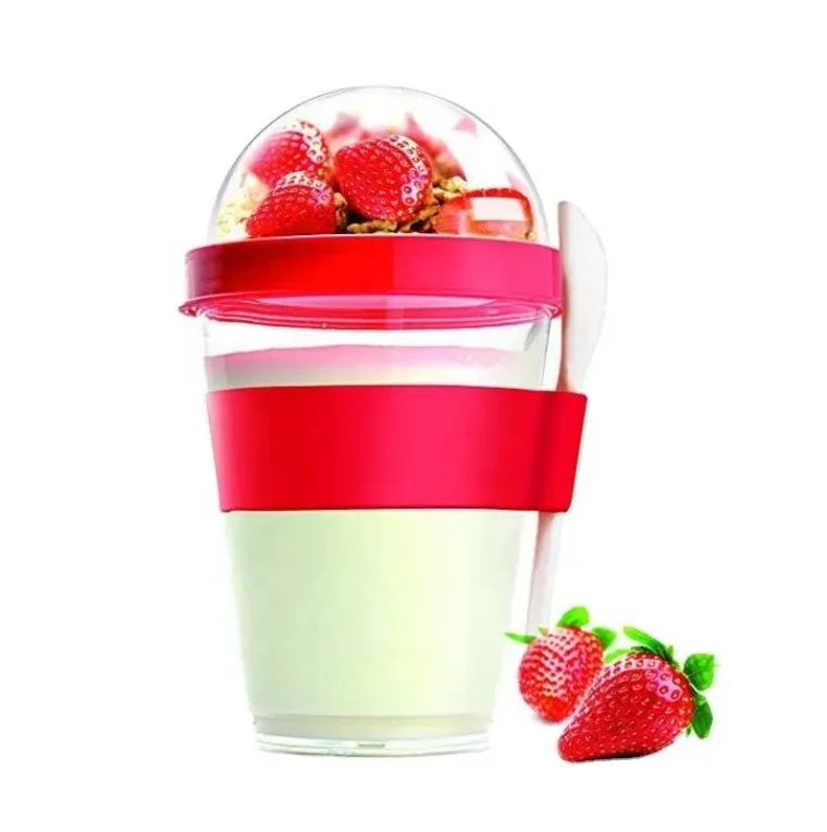 Custom New design portable 2 in 1 plastic blue snack salad cup 12 oz yogurt container with lid and spoon