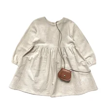 Autumn cotton girls smocked dress square pockets long sleeve vintage linen baby dress