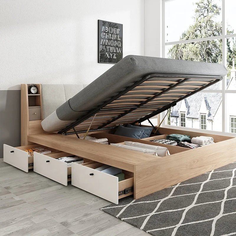 Nordic Style ODM OEM Space Saving  Bed Practical Storage Bed Wood Bed Furniture Design