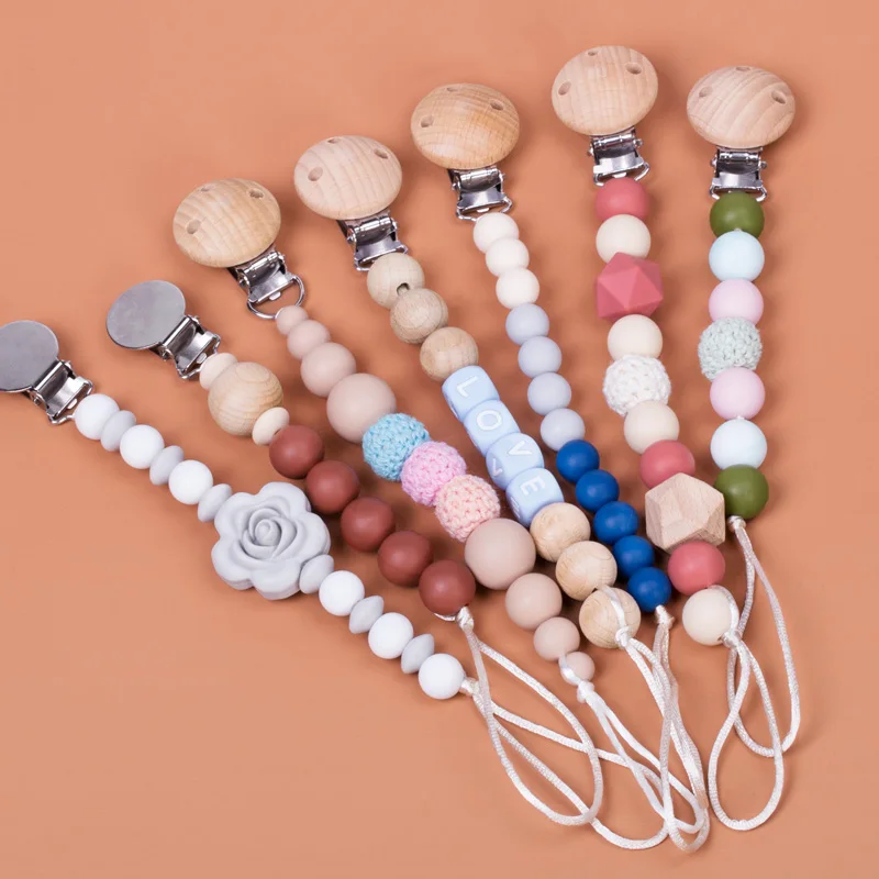 2021 Silicone Pacifier Wooden Dummy Chain Baby Pacifier Holder Beads Silicon Baby Pacifier Clips