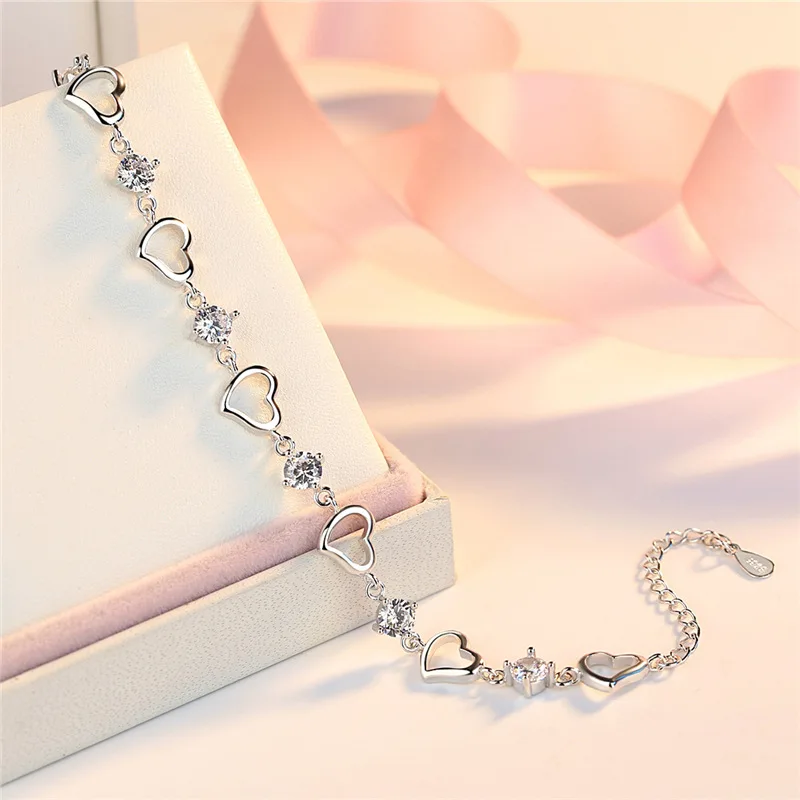 diamond silver bracelets,s925 sterling silver pave with zircon heart shape charm and bracelets jewelry gift for women