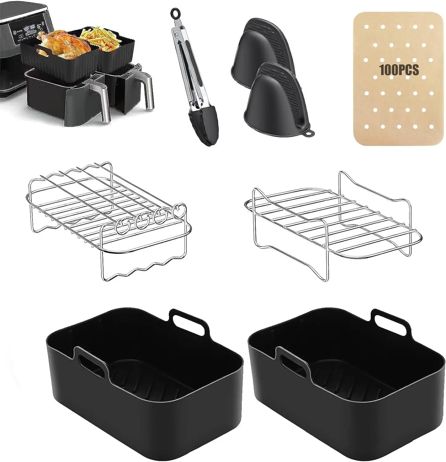 Air Fryer Accessories Kit Multi-Purpose 8 Piece Kit For Home Kitchens Air Fryer Racks Silicon Liners And Paper Linings  Gloves