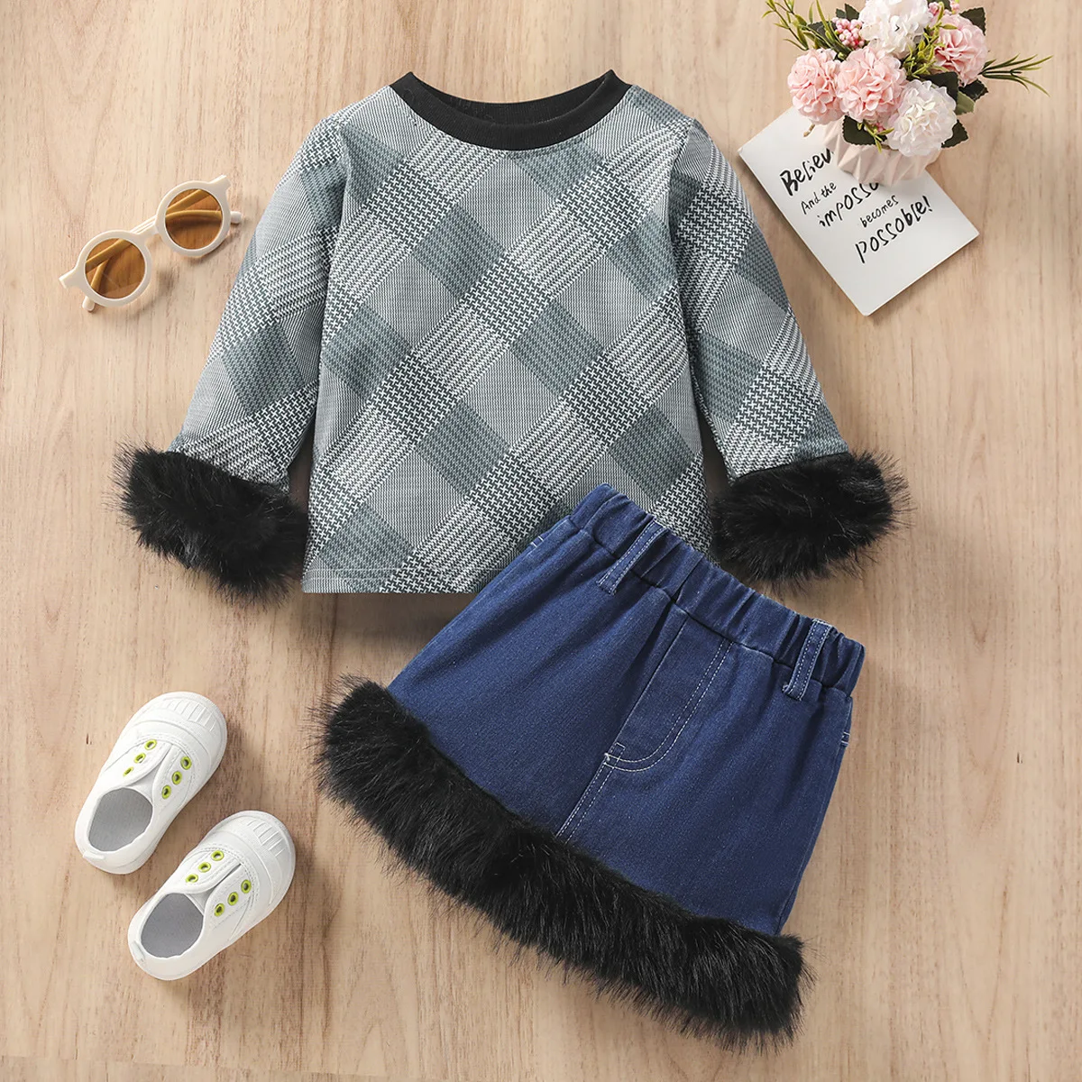 1-6Y fashion kids girl clothes sets long sleeve plaid pullover tops stretch denim skirt casual 2pcs sets for girls