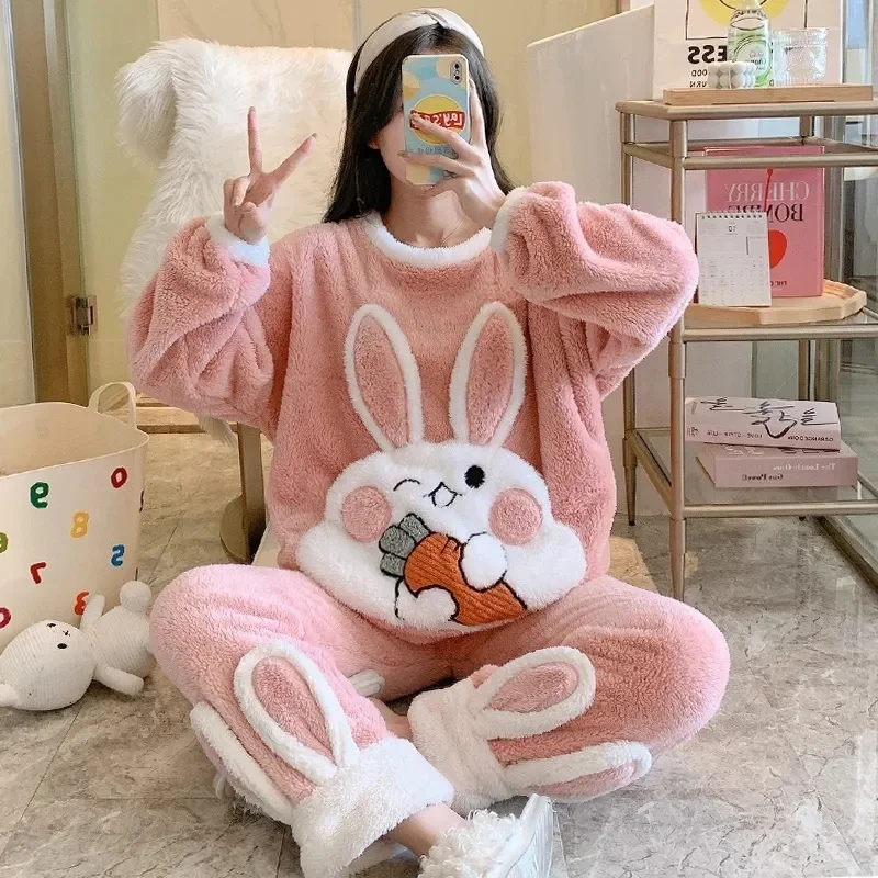 Pajamas Set for Women Winter Warm Fluffy Loungewear Soft Fleece Pj Pants 2 Piece Plush Sleepwear Lounge Tops