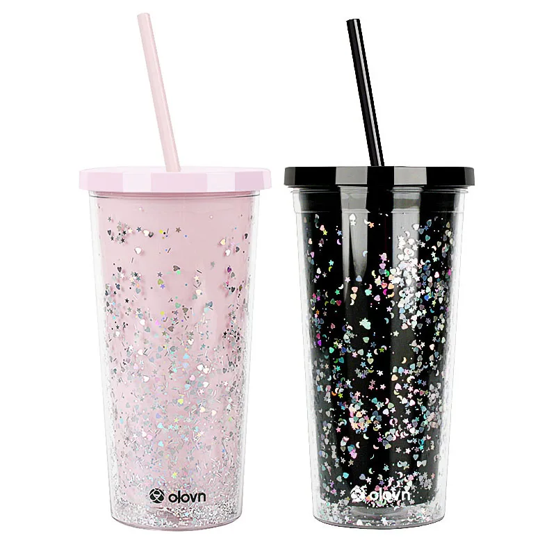 Pink Tumbler with Straw and Lid Glitter 20oz Insulated Double Wall Clear Acrylic Travel Cup