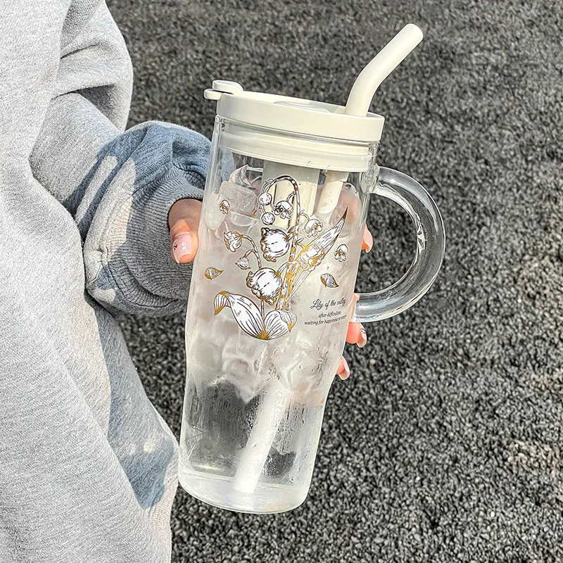 30oz household high temperature resistant glass water bottle handle Cup 550/1000ml cute flower handy glass cup with straw