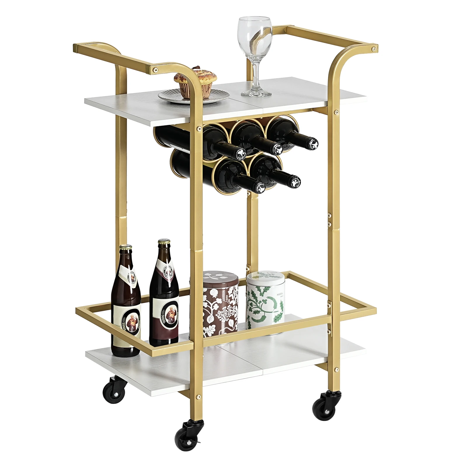 Wholesale Gold and White Metal Bar Cart Kitchen Home Rolling Trolley Bar Serving Cart Kitchen Trolley on Wheels with Wine Rack