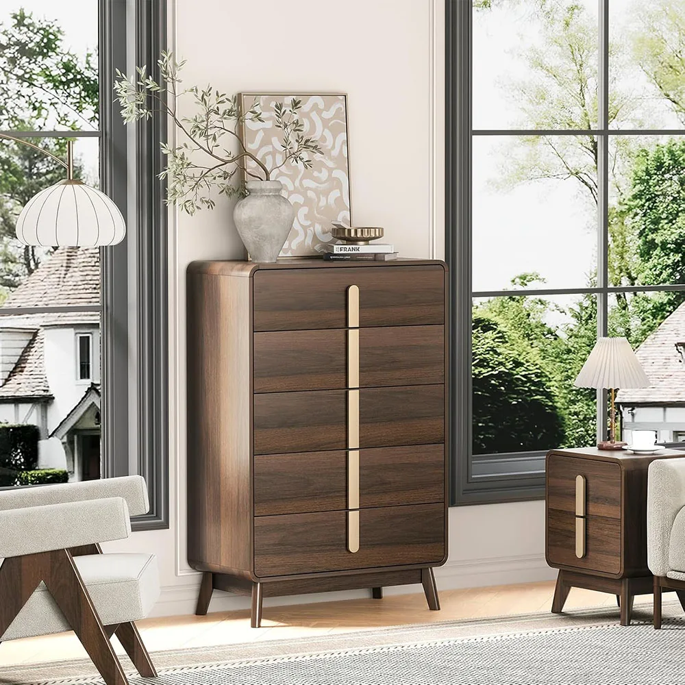 product modern mid century tall dresser with 5 drawers large wood organizer for bedroom or living room efficient storage furniture-3