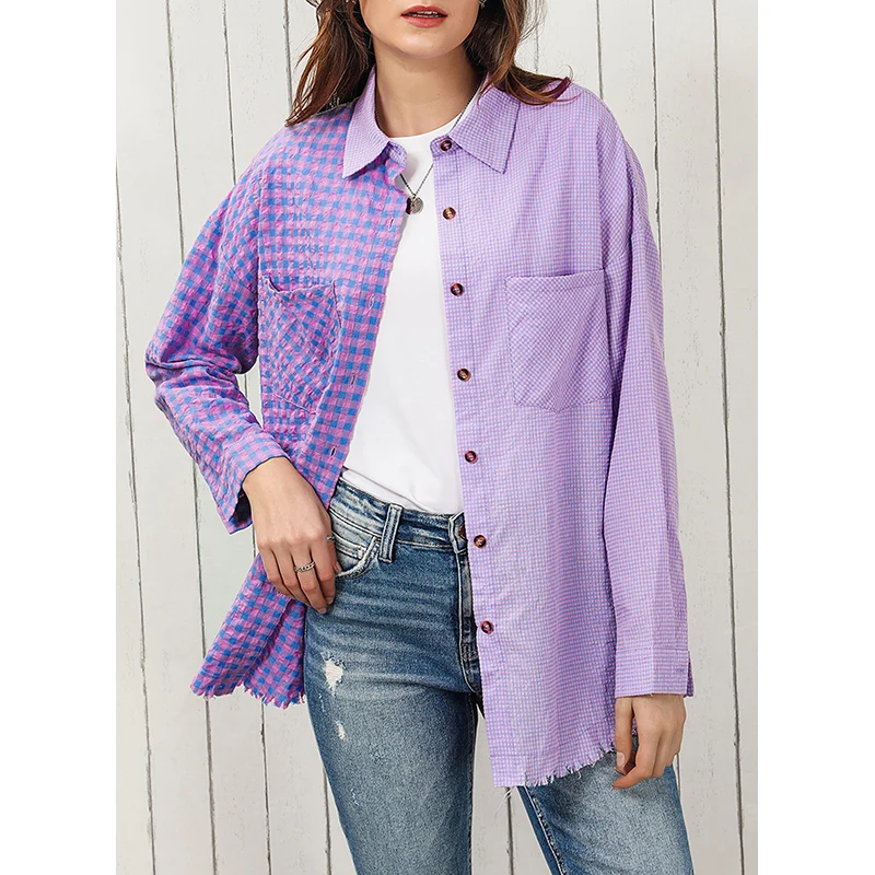 Dear-Lover Oem Odm Wholesale Private Label Mixed Plaid Button Down Long Sleeve Shirts For Women