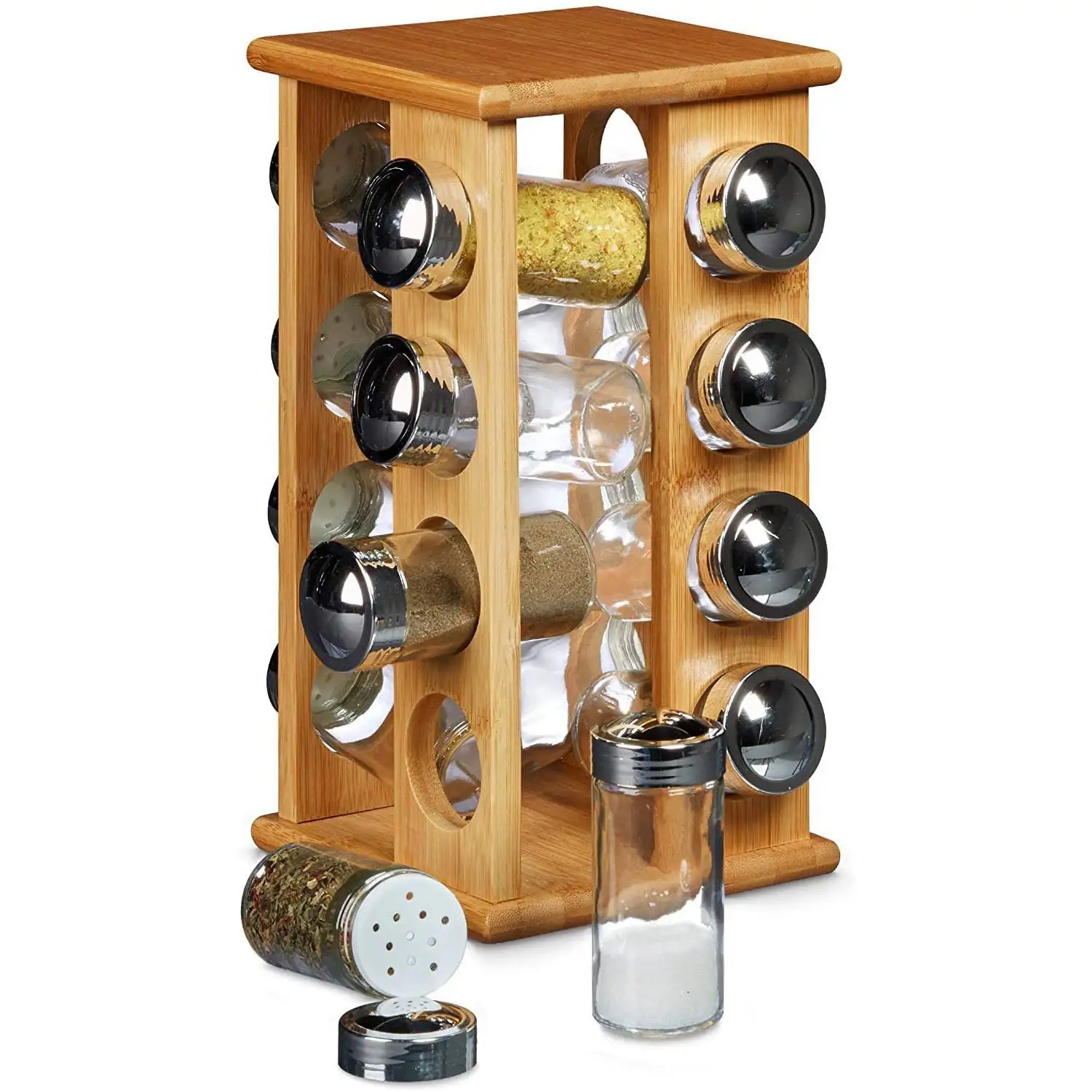 Bamboo Rotating Spice Carousel Lazy Susan for Countertop Stackable Bamboo Revolving Spice Organizer Rack with 12 Glass Spice Jar