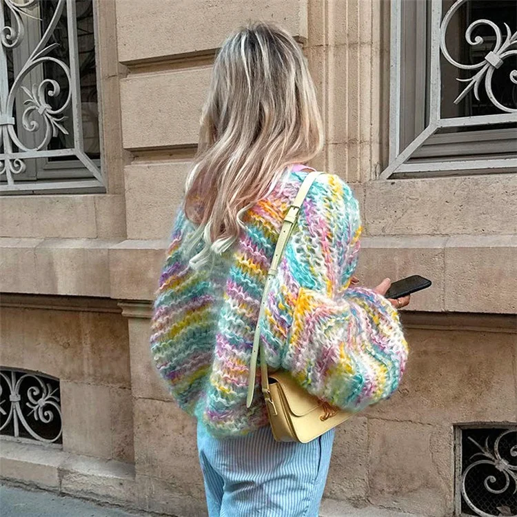 Autumn Sexy Colour Fashion Loose Knitted Sweater For Woman 2023 Street Long Sleeve New Cardigan