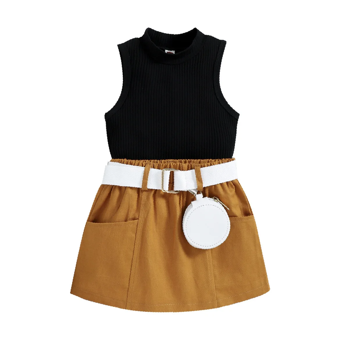 New arrival summer toddler girls clothes fashion solid vest+skirt+belt bag 3pcs children's clothing kids outfits