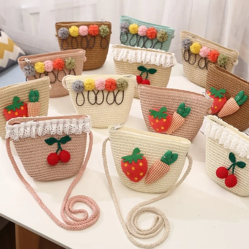 wholesale new type mini crossbody bags cute straw bag  with flower for kids