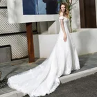 Bride Bridal Wedding Dress Off The Shoulder Lace Applique Beaded Court Train Sleeveless Bride Wedding Gown