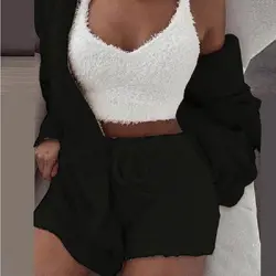 Winter plush home casual three piece pyjamas for women set long sleeve crop vest and shorts sets