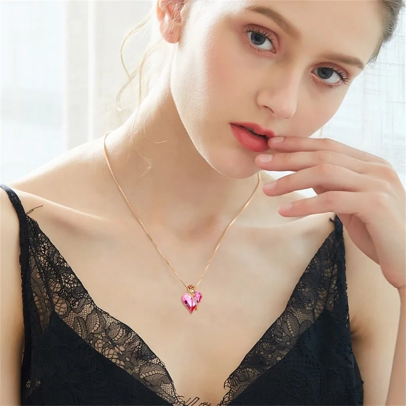 New Trendy Women Party Love Heart Shaped Gemstone Austrian Crystal Necklace