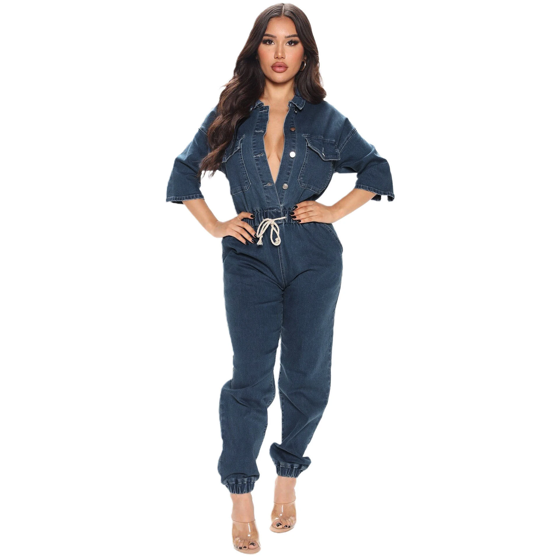 Hot Sale Plus Size Loose Jeans Rompers Casual Style One Piece Jumpsuit for Women Autumn Denim Outfits Wholesale Clothing supplier