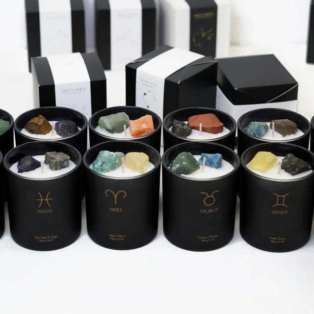 Wholesale Custom Matte Black Glass Constellation Gift Set Scented Zodiac Healing Crystal Candle