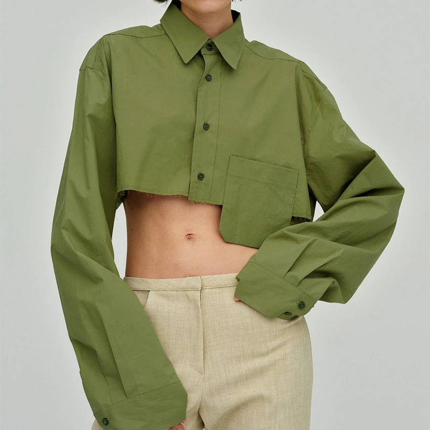 Leisure Shirt Crop Tops Long Sleeves Lapel Buttons Pocket Womens Irregular Casual Loose Blouses