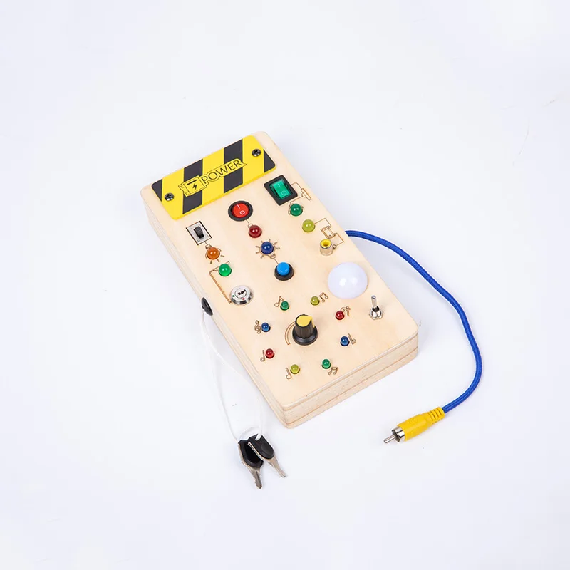 Hochwertiges Lernspielzeug für Kinder, elektronisches LED-Licht, Baby-Sensory-Busy-Board aus Holz, Montessori-Spielzeug für Kleinkinder, Details