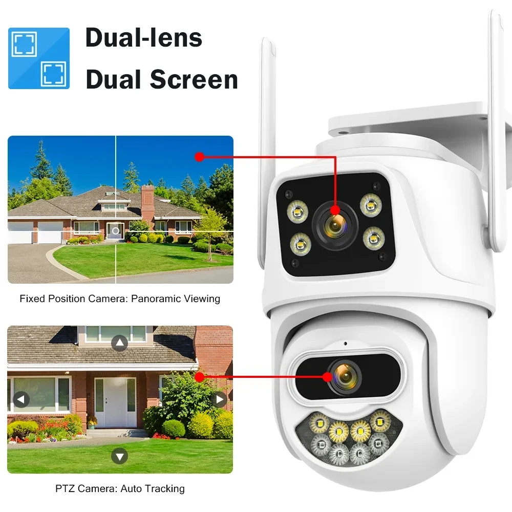 6MP 9MP 4K PTZ Wifi Camera Dual Lens with Dual Screen Ai Human Detect Auto Tracking Wireless Outdoor Surveillance Camera iCSee