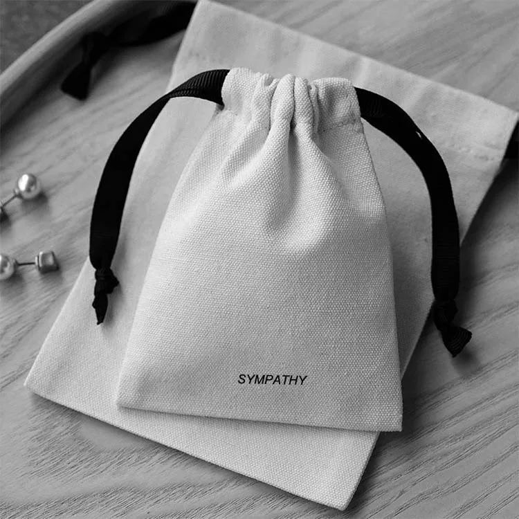 China factory hot sale printed logo black canvas jewelry pouch reusable cotton jewelry drawstring package bag
