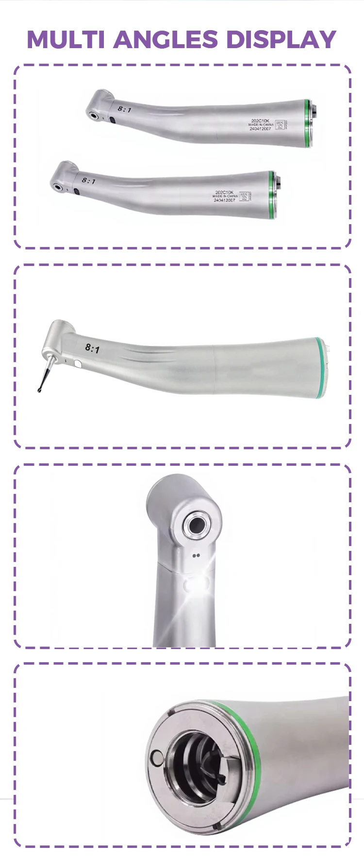 8:1 Dental Contra Angle Low Speed Handpieces Stainless Steel E-Type Push Button With Water Tube Internal and External Sugery factory