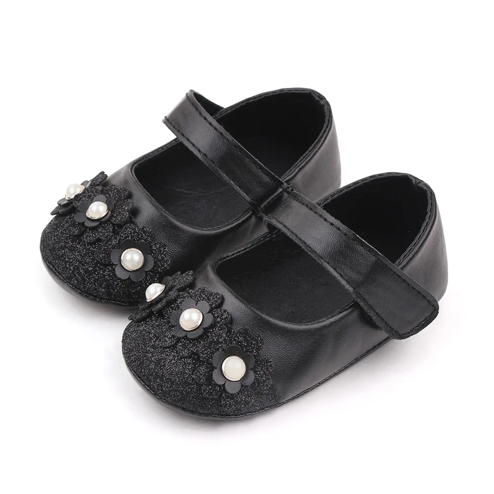 Solid Color PU Leather Glitter Pearl Flower Baby Girls Soft Soled Cute Princess Shoes supplier