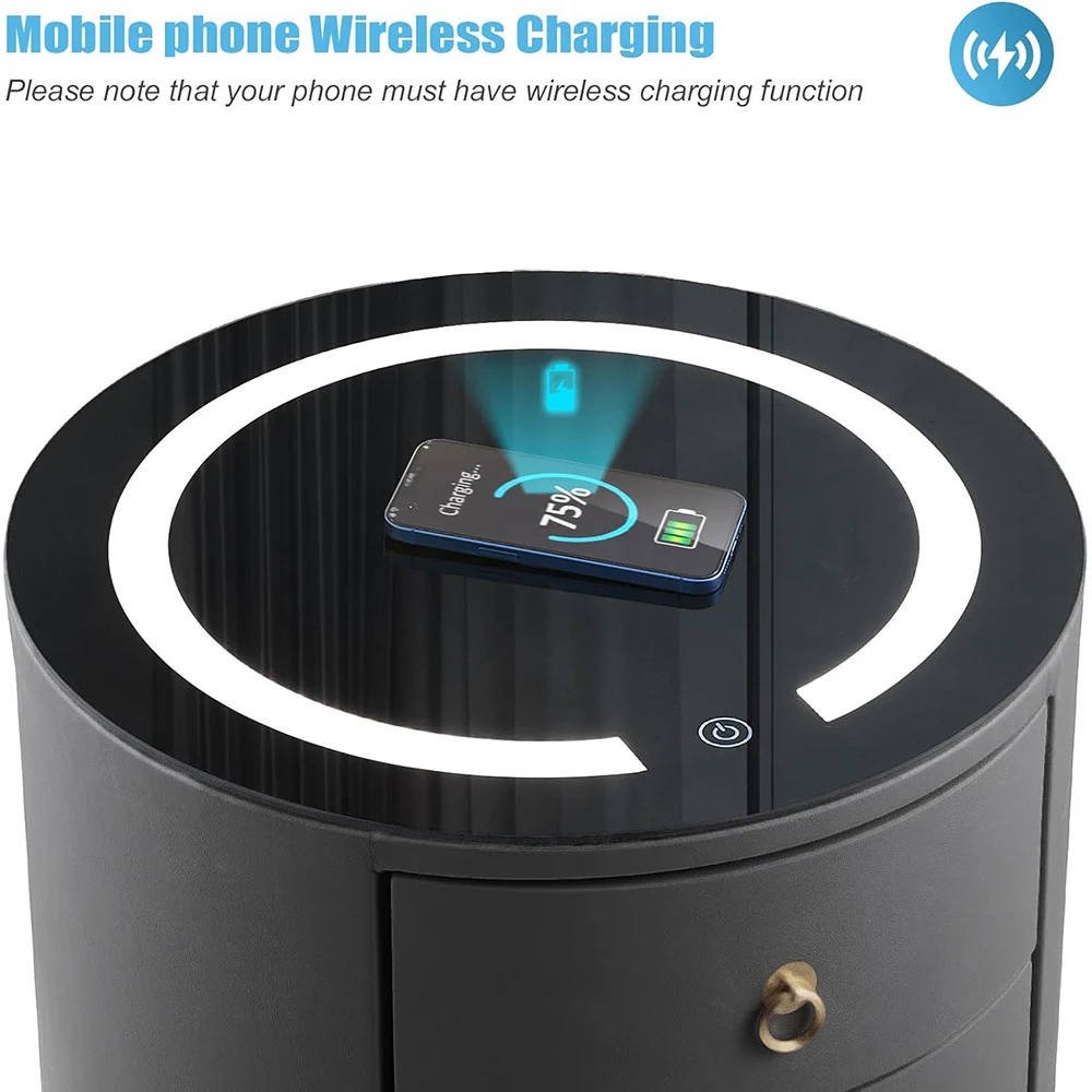 Dark Grey Wood Smart Nightstand with Wireless Charging Station & LED Lights Modern Round 3-Drawer Bedroom Storage Furniture factory