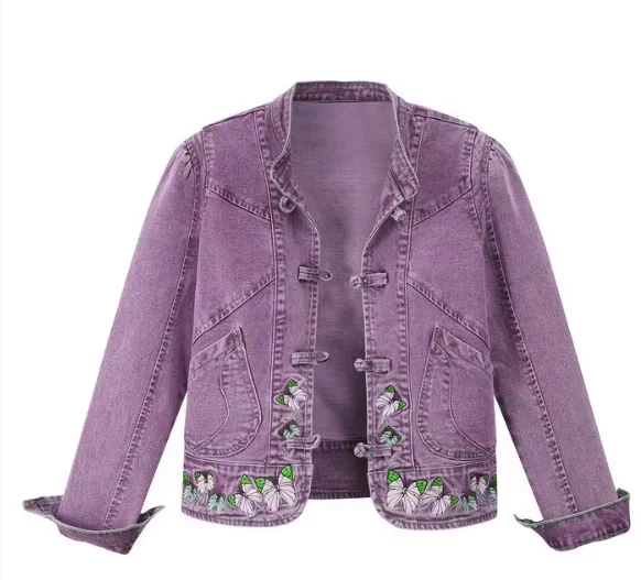 New Chinese Style Embroidered Stretch Denim Jackets Customized Button Women's Short Jacket Top Loose manufacture