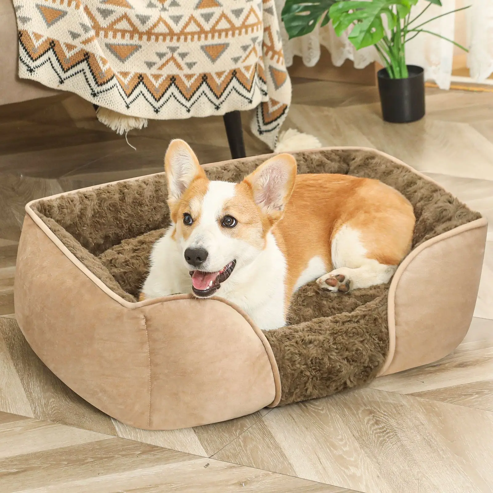 product hot selling wholesale rose plush suede fleece anti slip bottom pet sleeping bed with removable washable cover for small dog cat-49