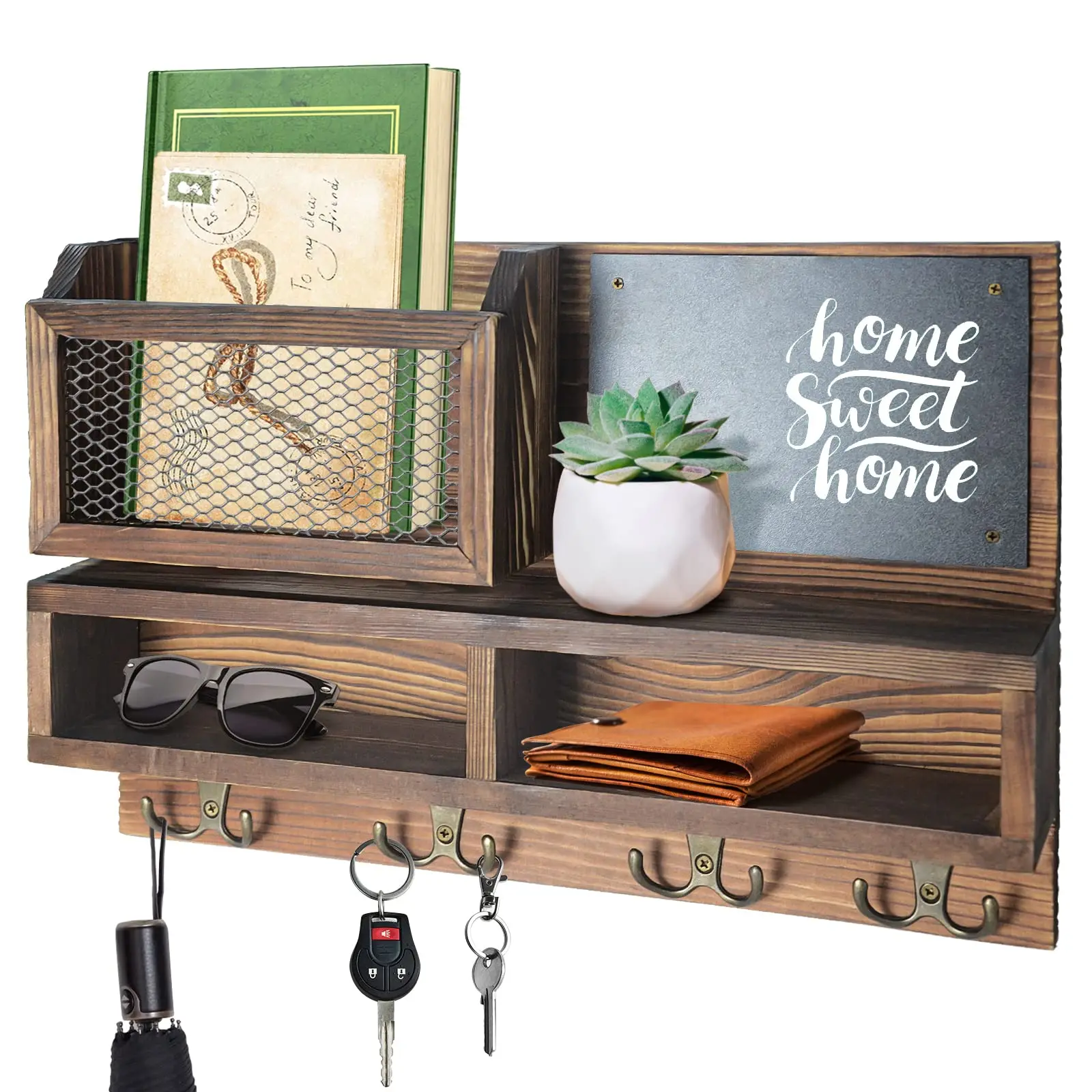 product custom rustic wood entryway shelf with key hooks mail organizer wall mounted home decor storage rack for coats keys-2
